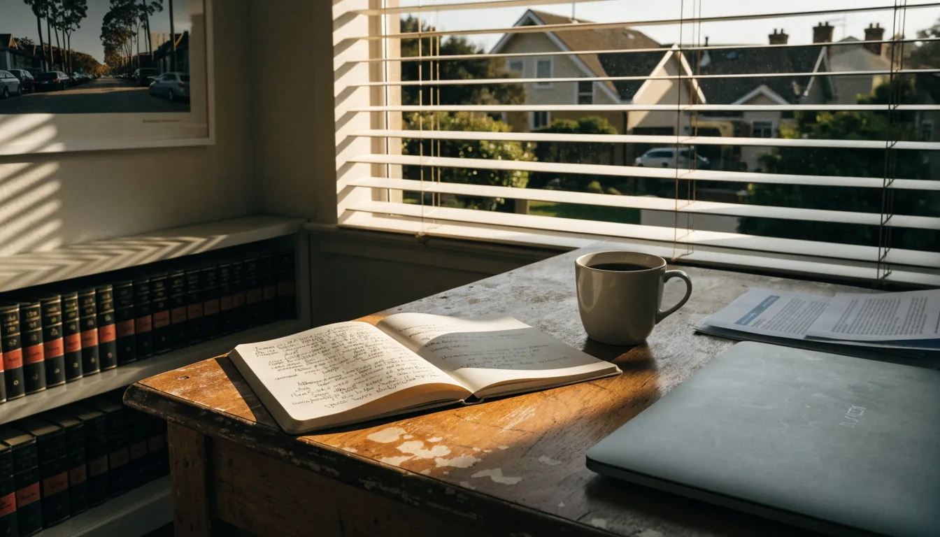 Australian home office desk with research notes, regulatory documents, and a cup of tea