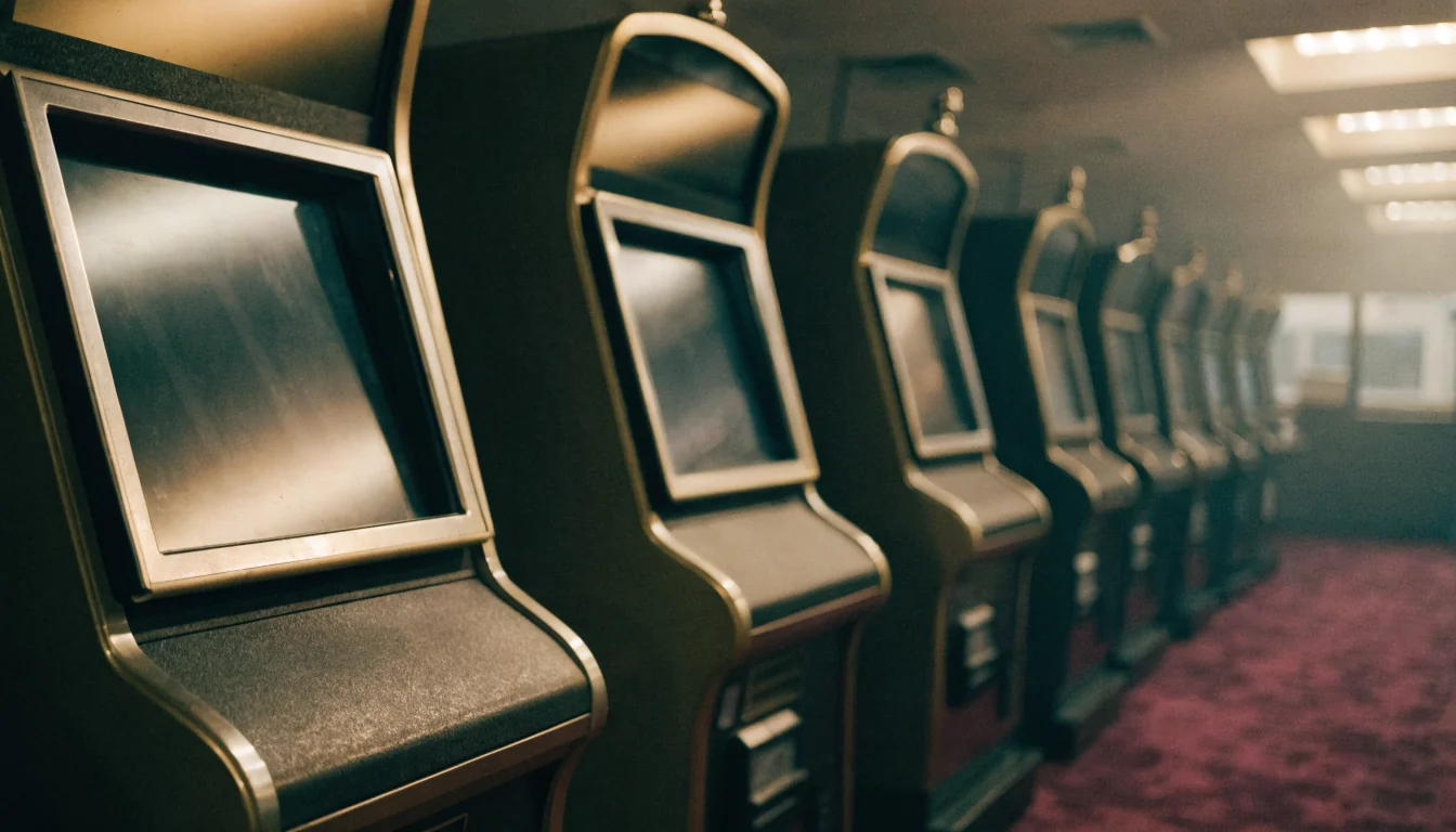 Empty Australian gaming lounge with idle slot cabinets in warm lighting