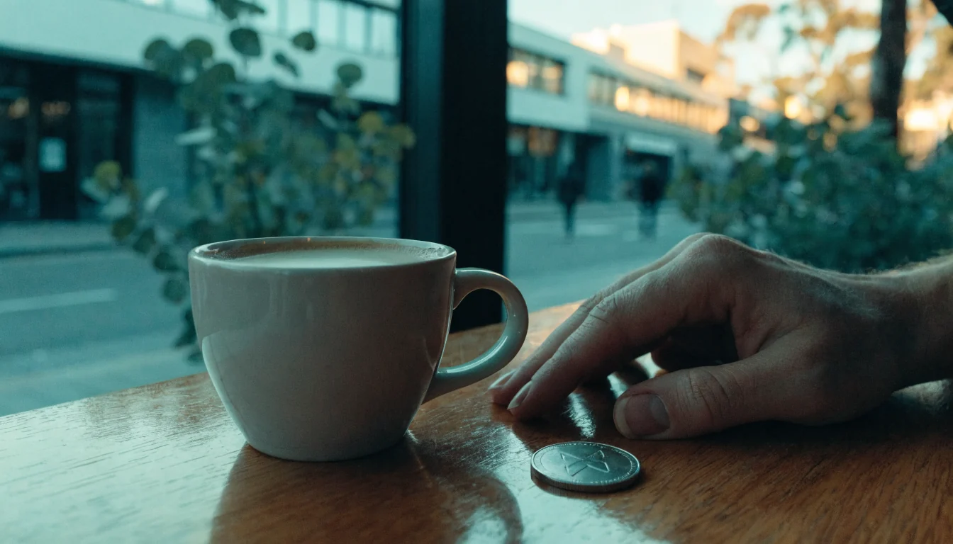 Hand beside a cryptocurrency coin and coffee at a modern Australian cafe