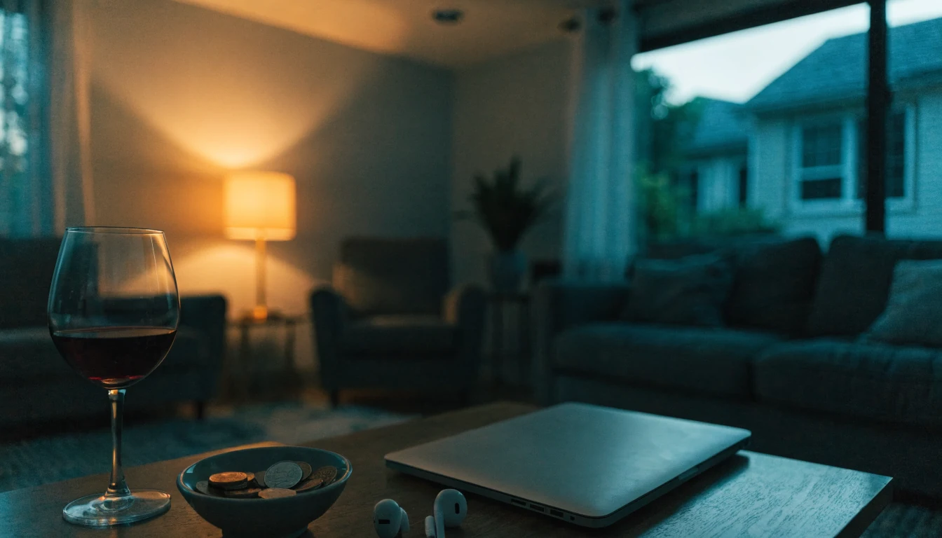 Closed laptop on coffee table with Australian coins and wine glass in warm evening light.