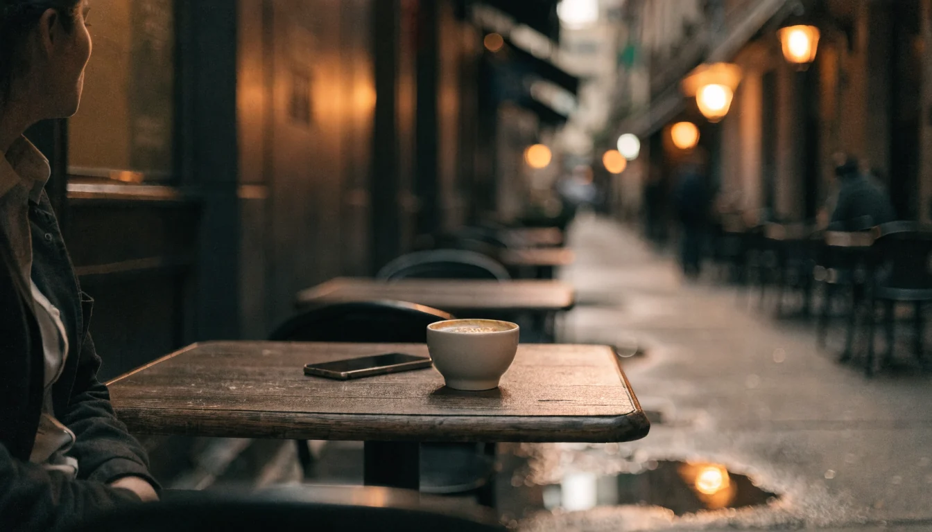 Australian cafe scene with a face-down smartphone beside a coffee cup.