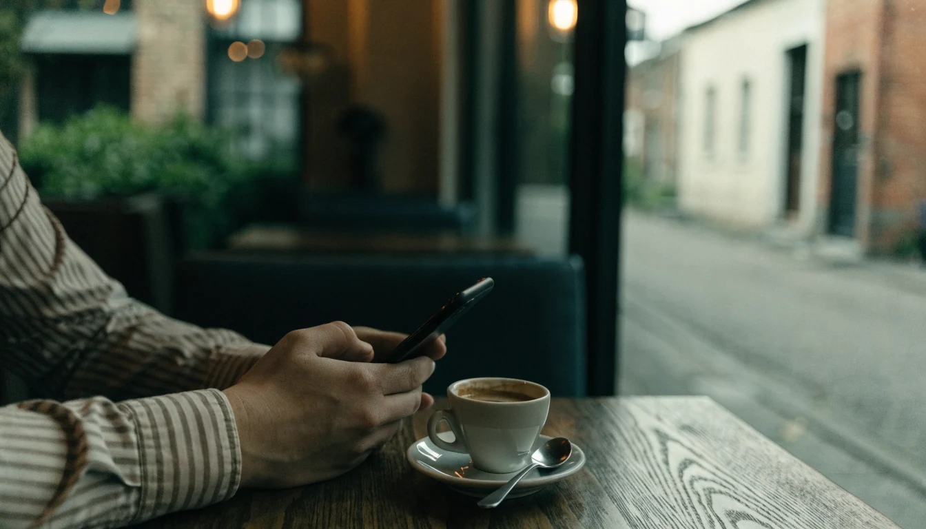 Hands resting near an iPhone face-down on a cafe table in Australia