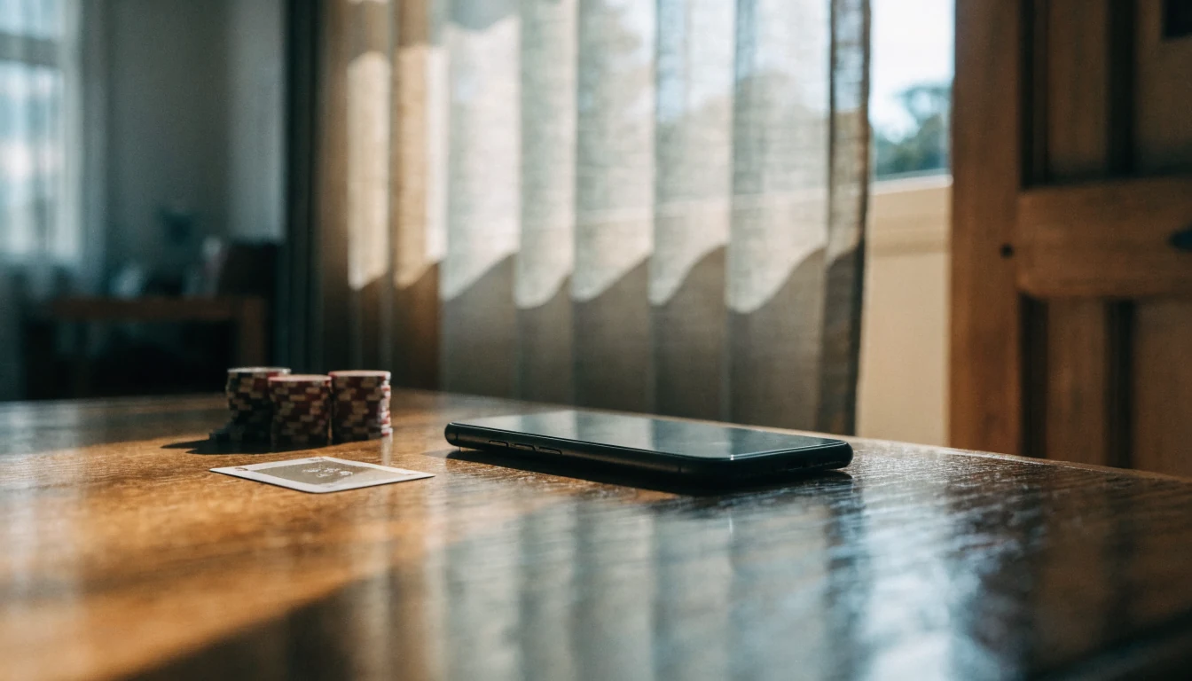 Face-down smartphone on a sunlit wooden table with casino chips and a playing card nearby.