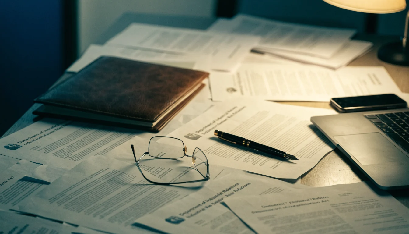 Desk with corporate documents, folder, pen, and closed laptop in warm lamp light