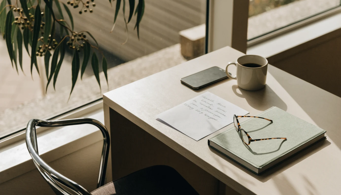 Sunlit desk with handwritten note, ceramic mug, and closed notebook near a window