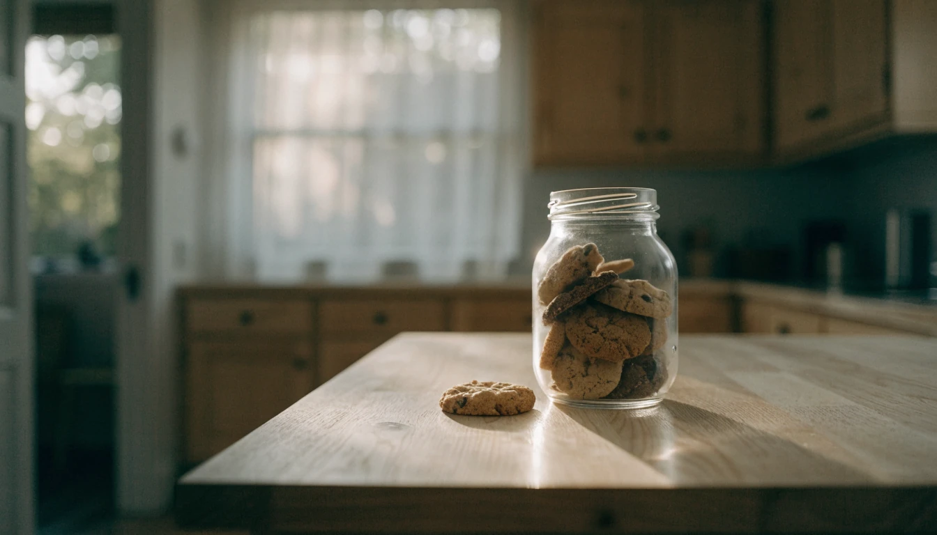 Glass jar of cookies on a sunlit kitchen counter.