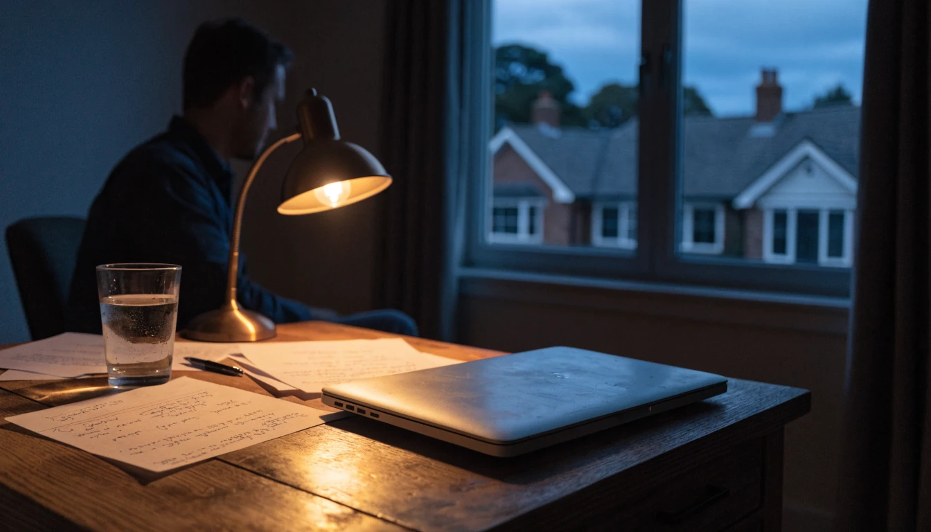 Quiet Australian home workspace under warm lamp light at night