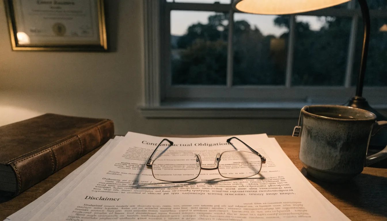 Legal documents and reading glasses on a home desk at dusk.