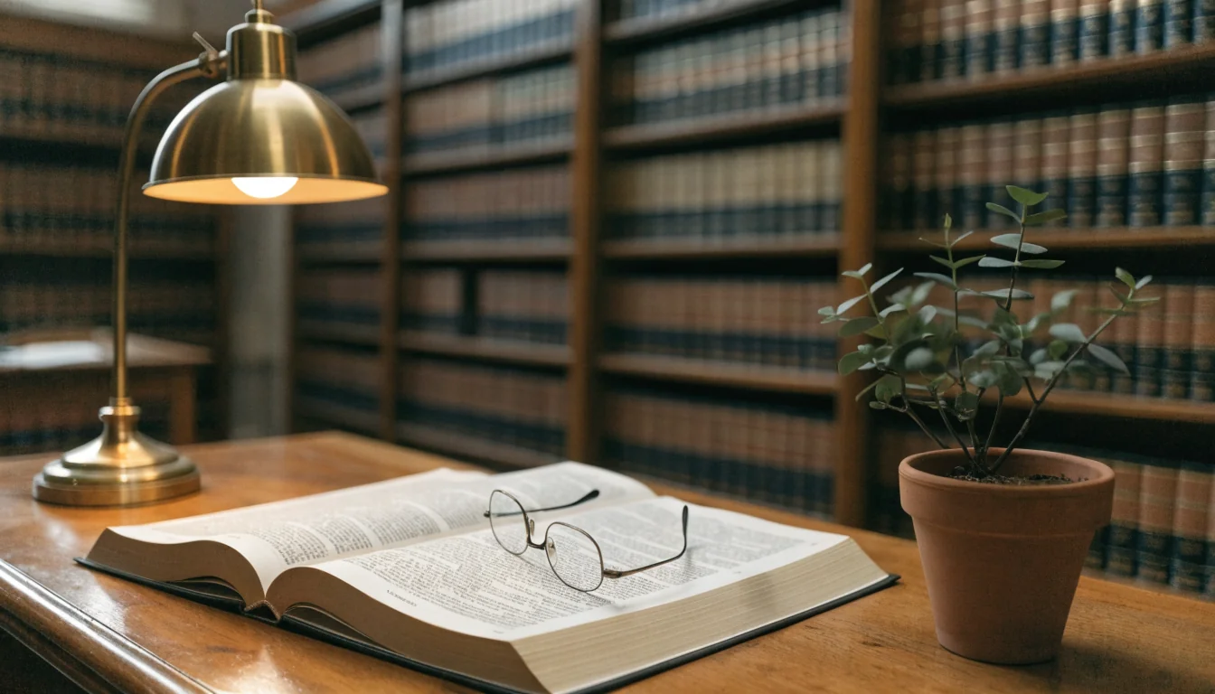 Wooden desk with open law book, glasses, and brass lamp in an Australian legal library.