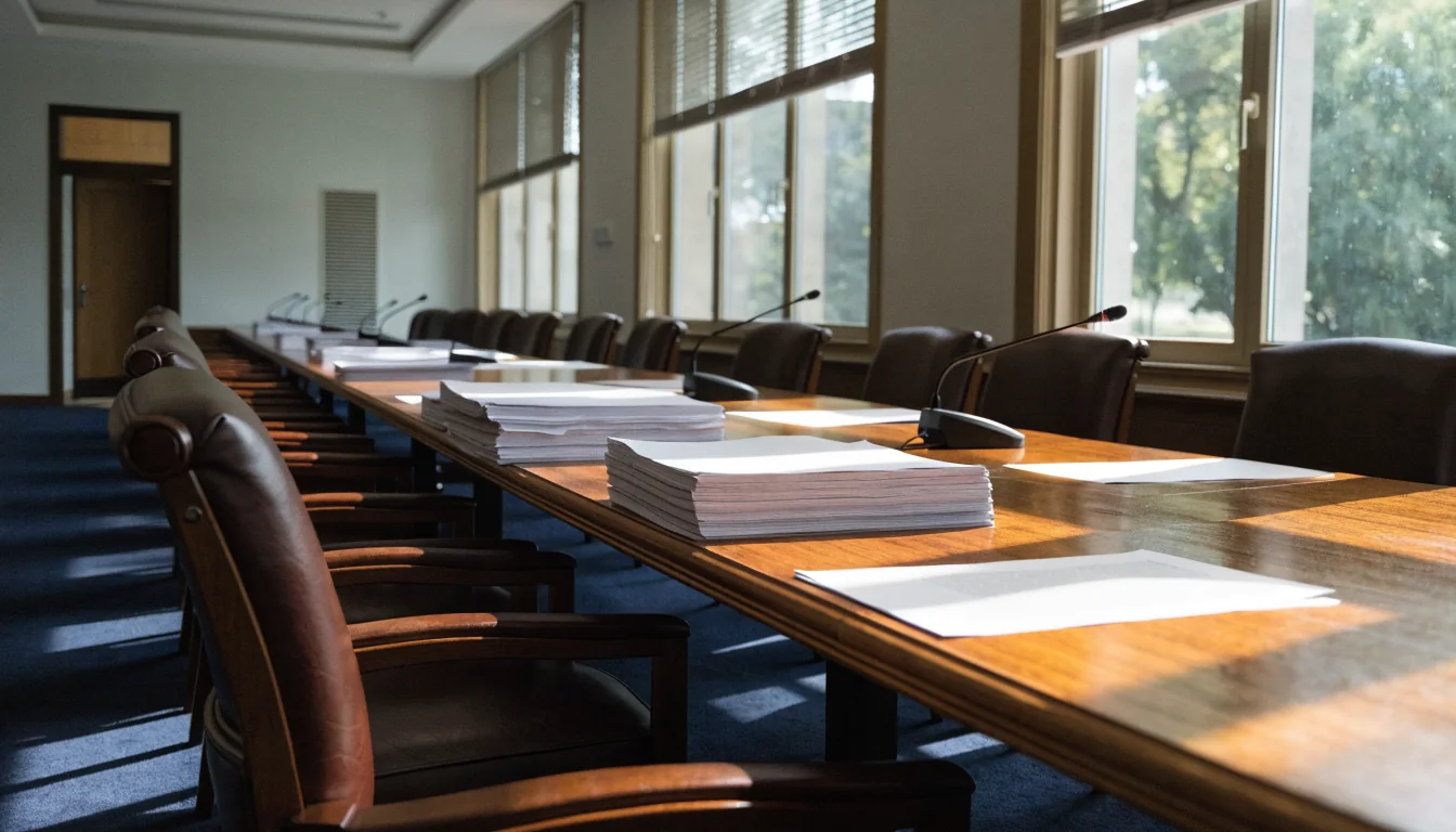 Empty Australian parliamentary committee room with legal documents on a long table