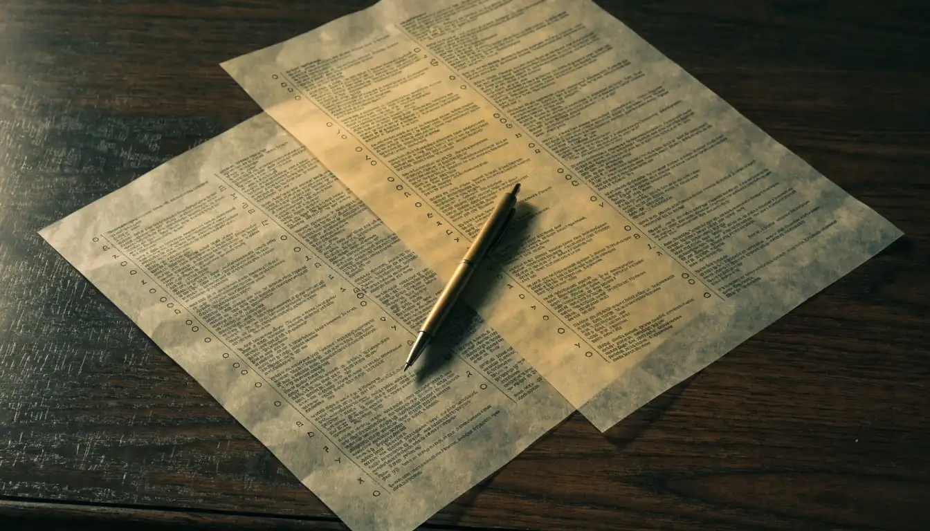 Two overlapping legal documents on a desk under directional light