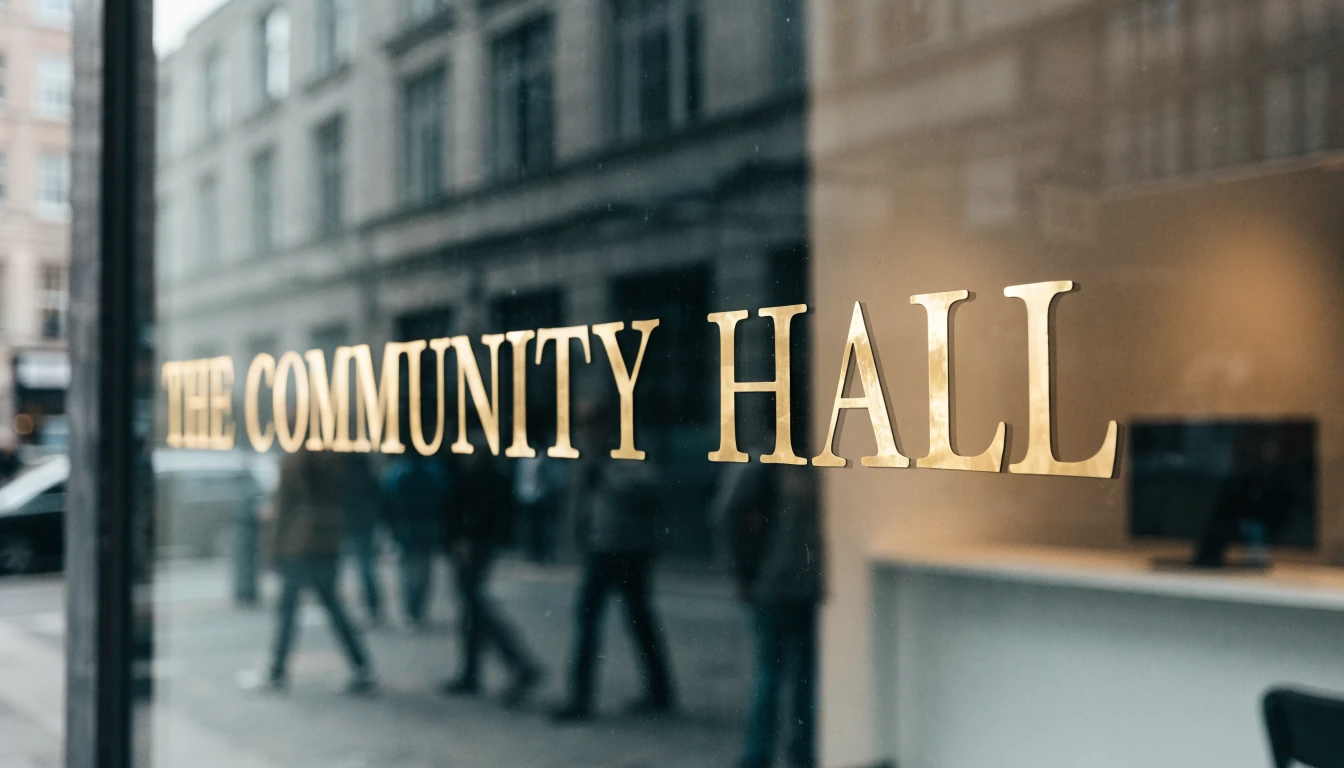 Glass storefront with gold lettering reflecting a street, modest interior behind