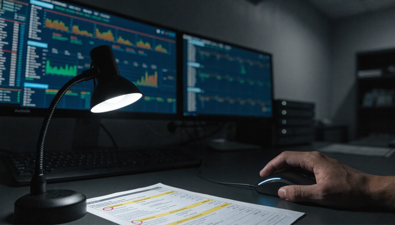 Regulatory surveillance workstation with monitors and checklist in a dim room