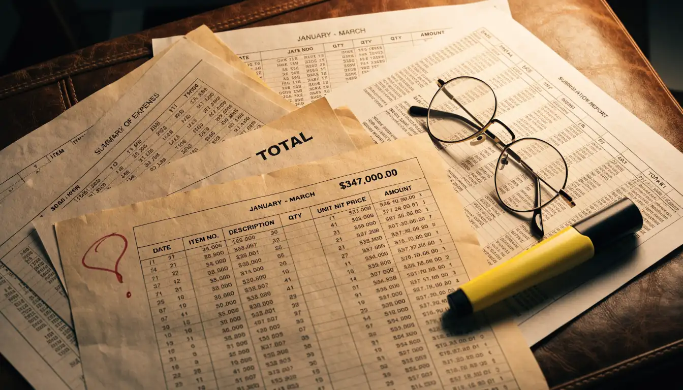 Scattered printed financial reports with reading glasses and handwritten question mark