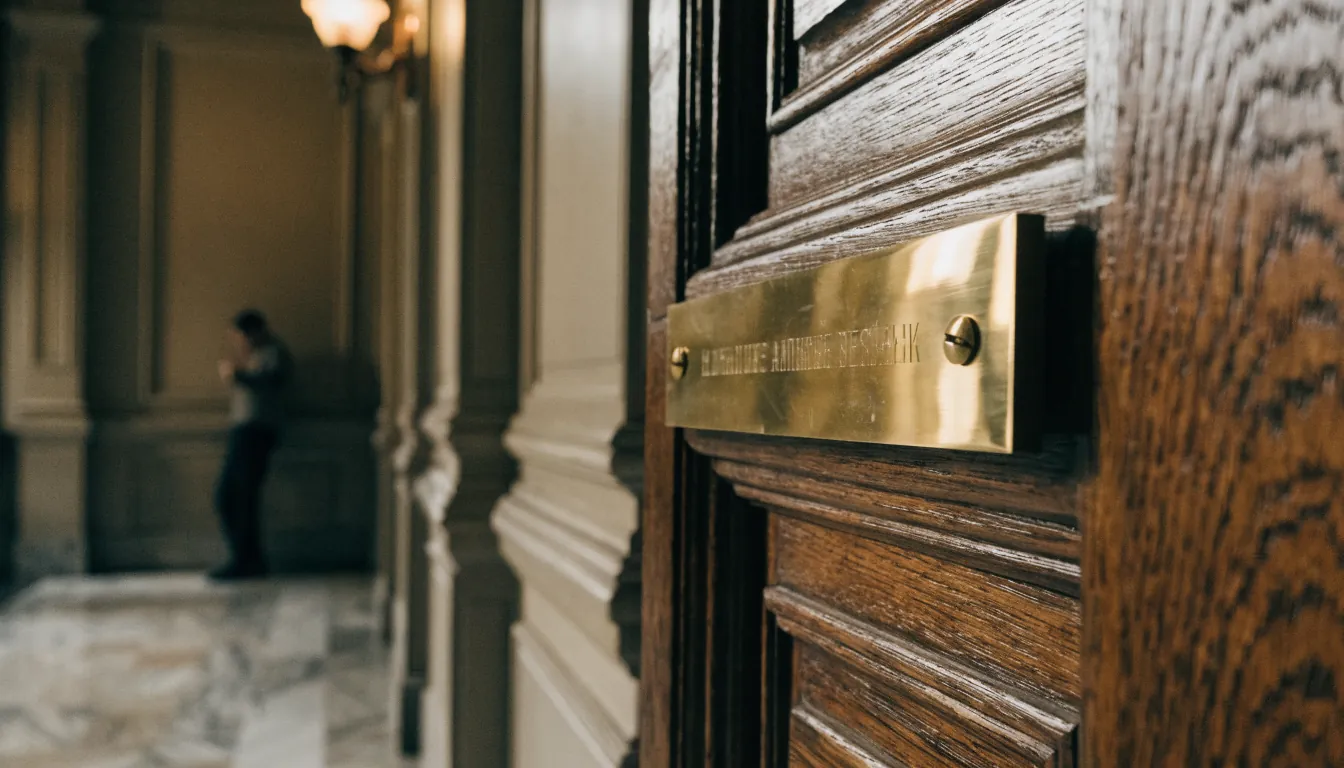 Brass nameplate on a wooden door in a formal European-style corridor