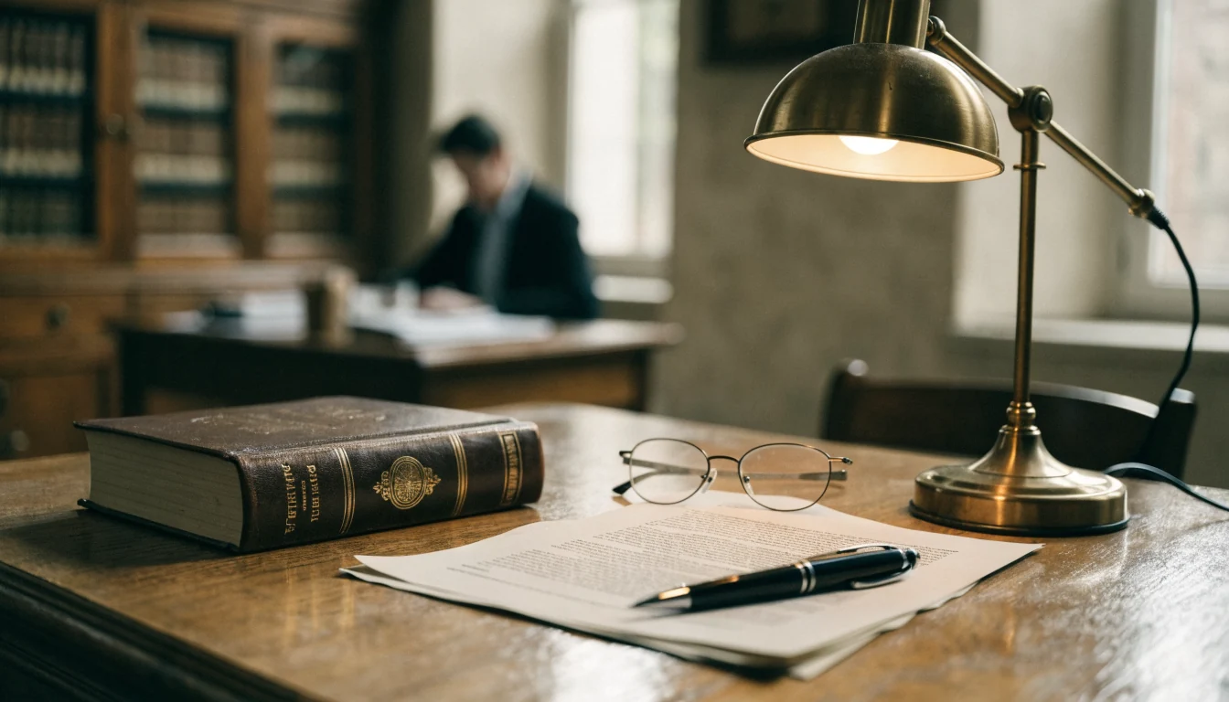 Wooden desk with legal book, lamp, and documents in an office