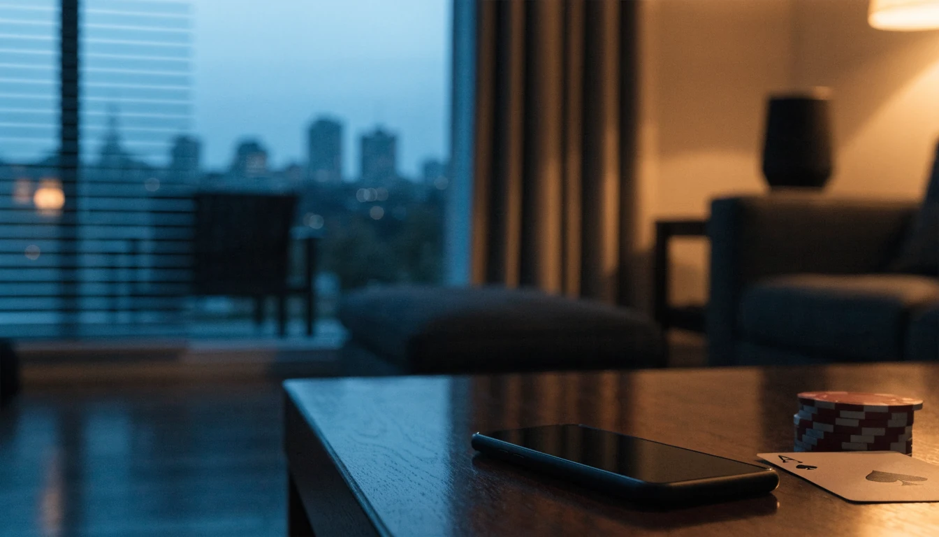 Still life with phone, casino chip, and playing card on a coffee table at dusk.