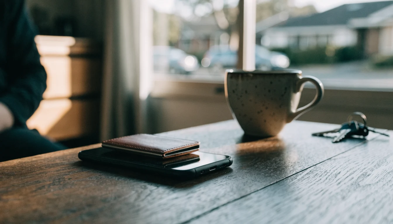 Smartphone face-down on a table with a slim e-wallet card beside a coffee mug.