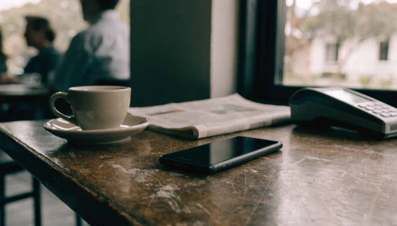 Smartphone and payment terminal on a wooden café table