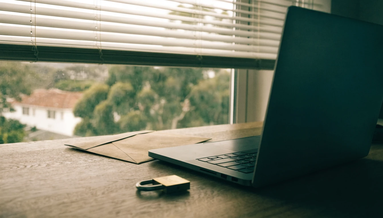 Quiet home workspace with closed laptop, brass padlock, and sealed envelope, eucalyptus trees through the window.