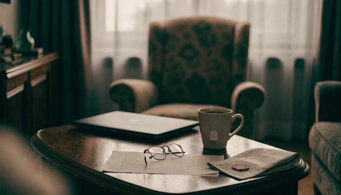 Closed laptop on a coffee table at dusk with a poker chip and reading glasses, suggesting a pause from gambling.