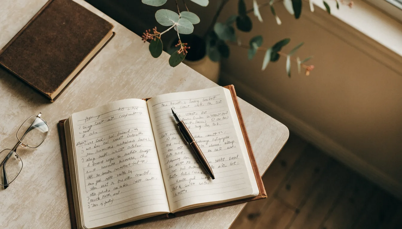 Overhead view of a tidy desk with an open notebook, reading glasses, and a fountain pen.